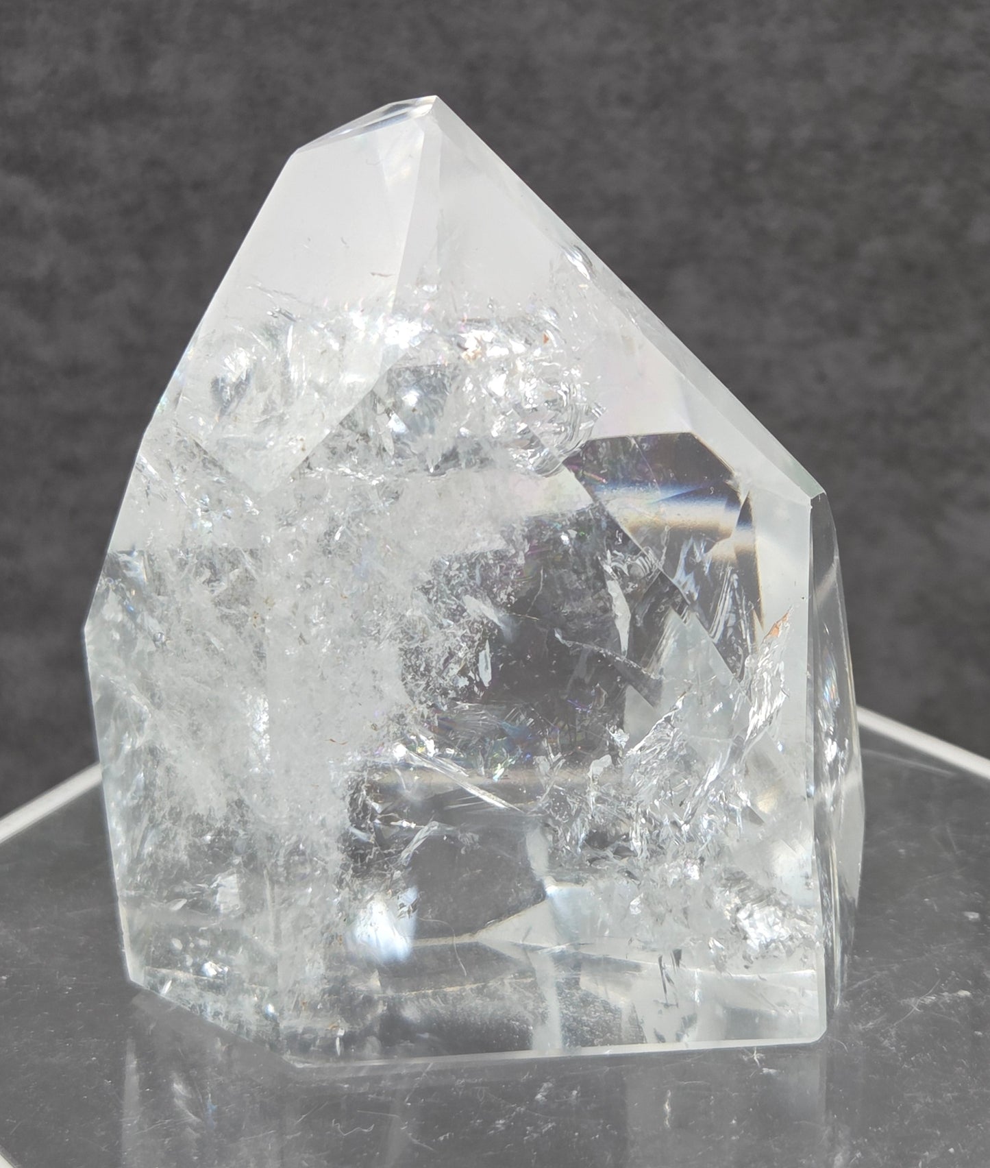 Clear crystal on a dark gray background