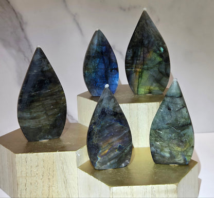 Flashy labradorite teardrop shaped carvings on a wooden base and white background