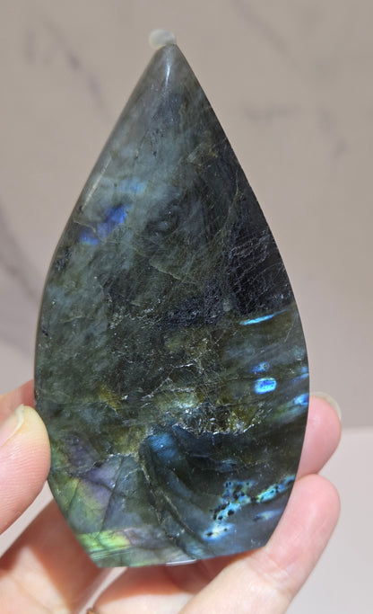 Hand holding a polished labradorite stone against a neutral background