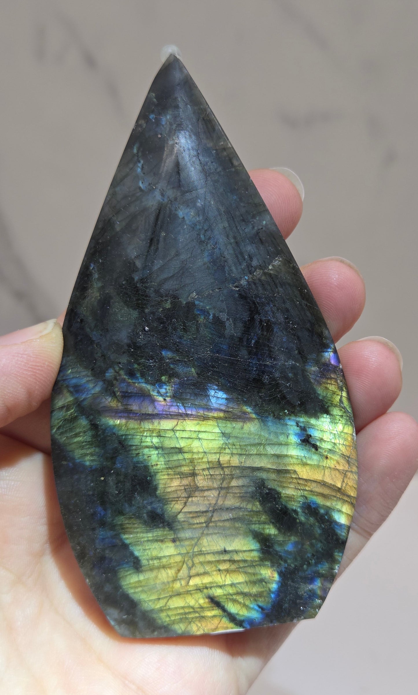Hand holding a labradorite crystal with colorful patterns