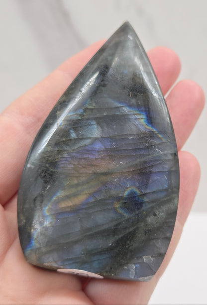 Teardrop-shaped labradorite stone held in a hand against a neutral background