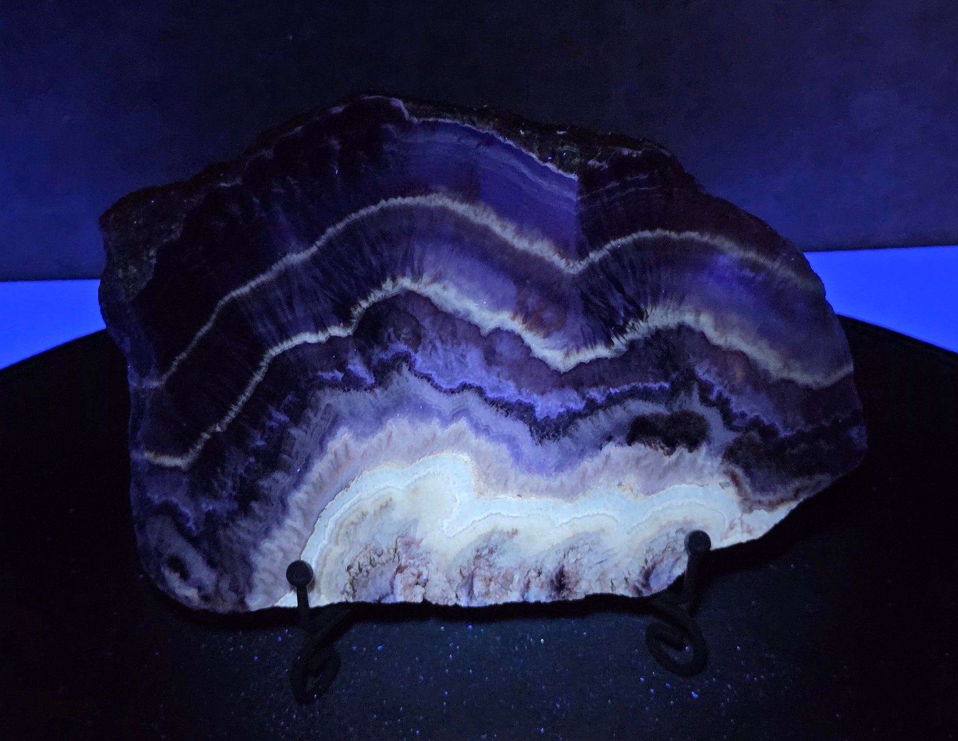 Banded crystal slice with multiple colors and inclusions on a stand under UV light