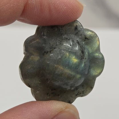 Hand holding a labradorite sunflower carving against a white background