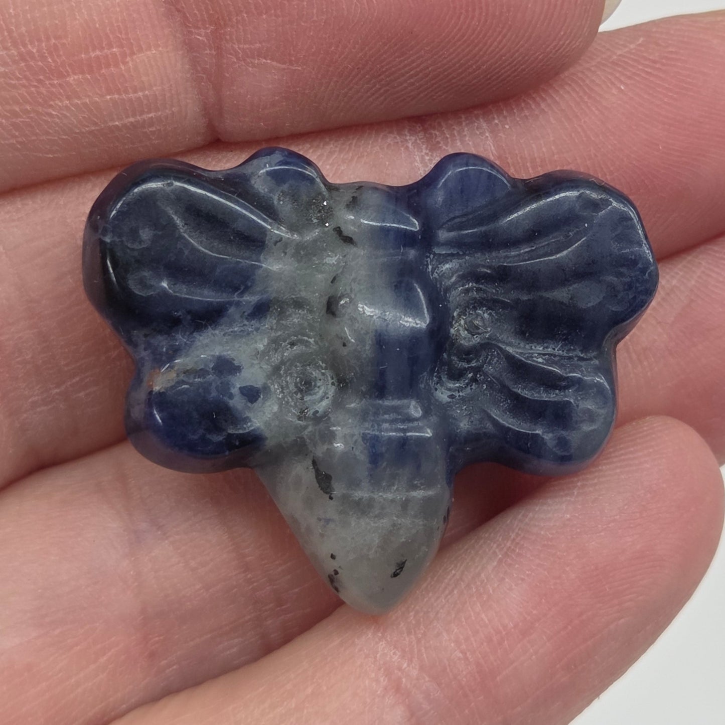 Sodalite butterfly carving held in a hand against a white background