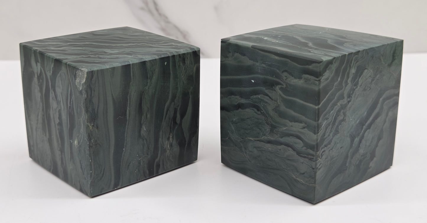 Set of 2 green wave picture jasper cubes with a wave like pattern, on a white background