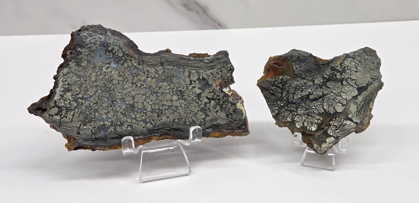 Mineral slabs of agate with marcasite on a stand on a white background