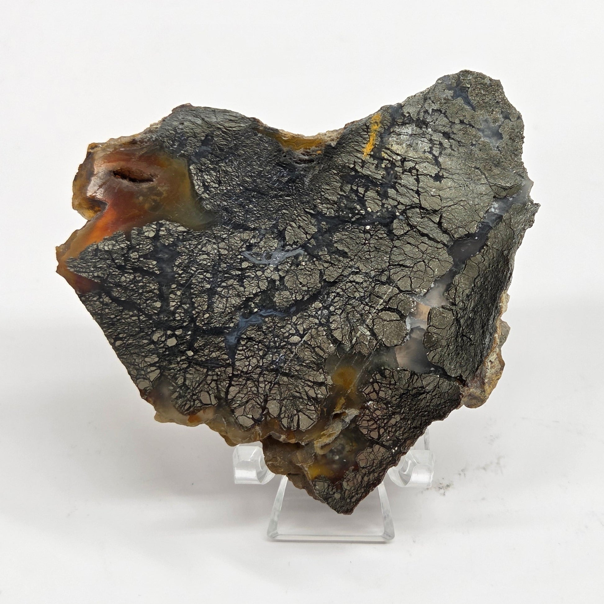 Mineral slab of agate with marcasite on a stand on a white background