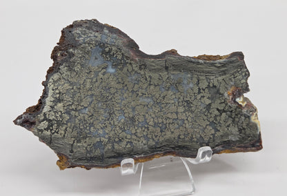 Mineral slab of agate with marcasite on a stand on a white background