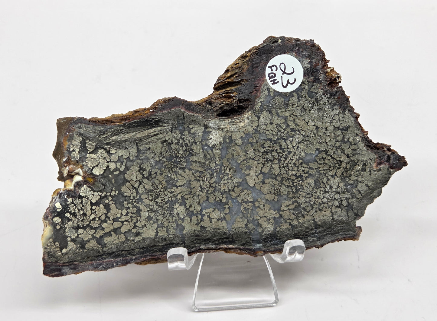 Mineral slab of agate with marcasite on a stand on a white background