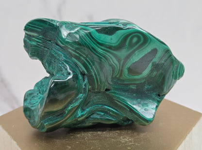Green Malachite stone on a wood stand and a white background