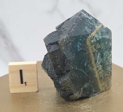 Fluorite crystal on a wooden stand with a marble background