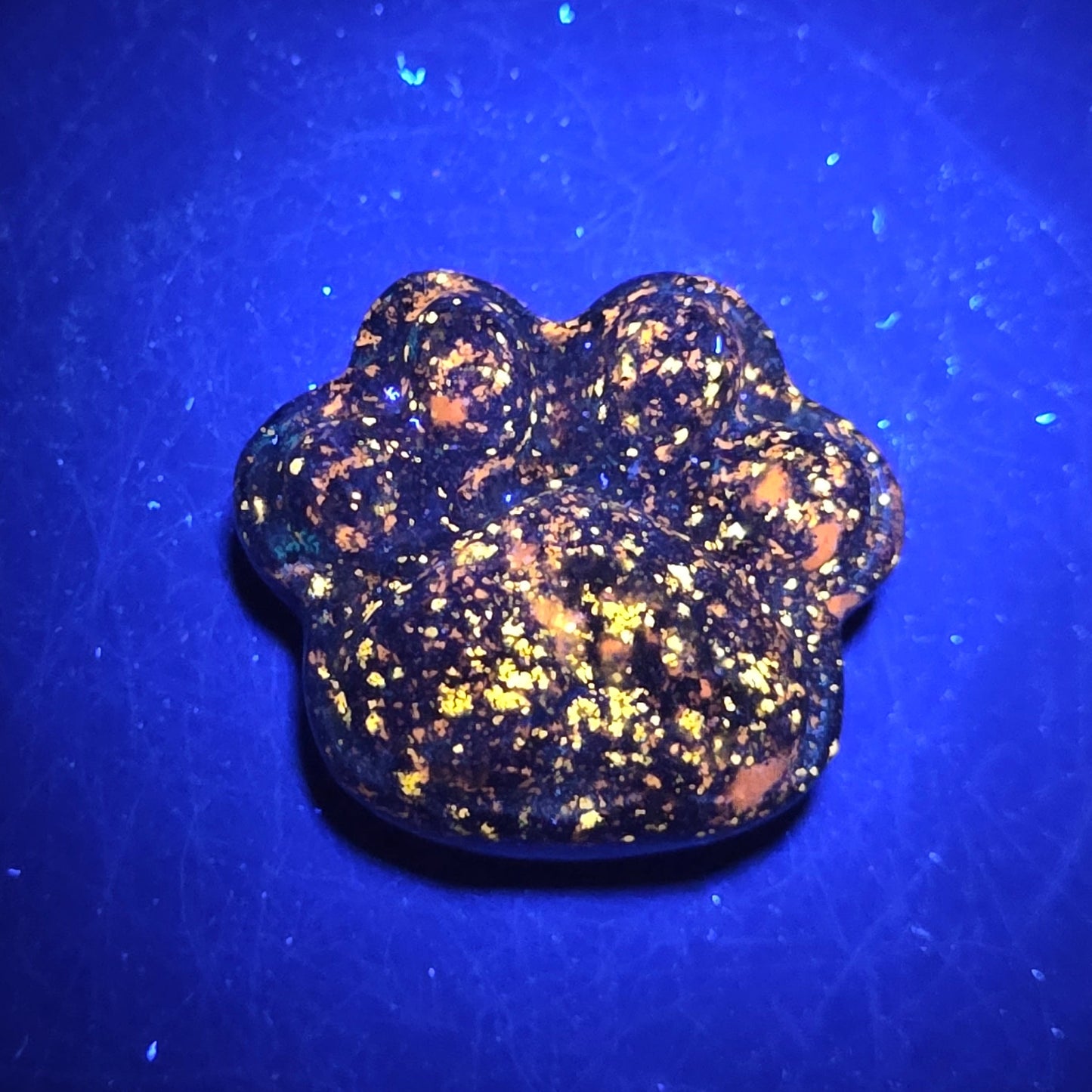Blue lapis paw print carving on a dark background under UV lighting