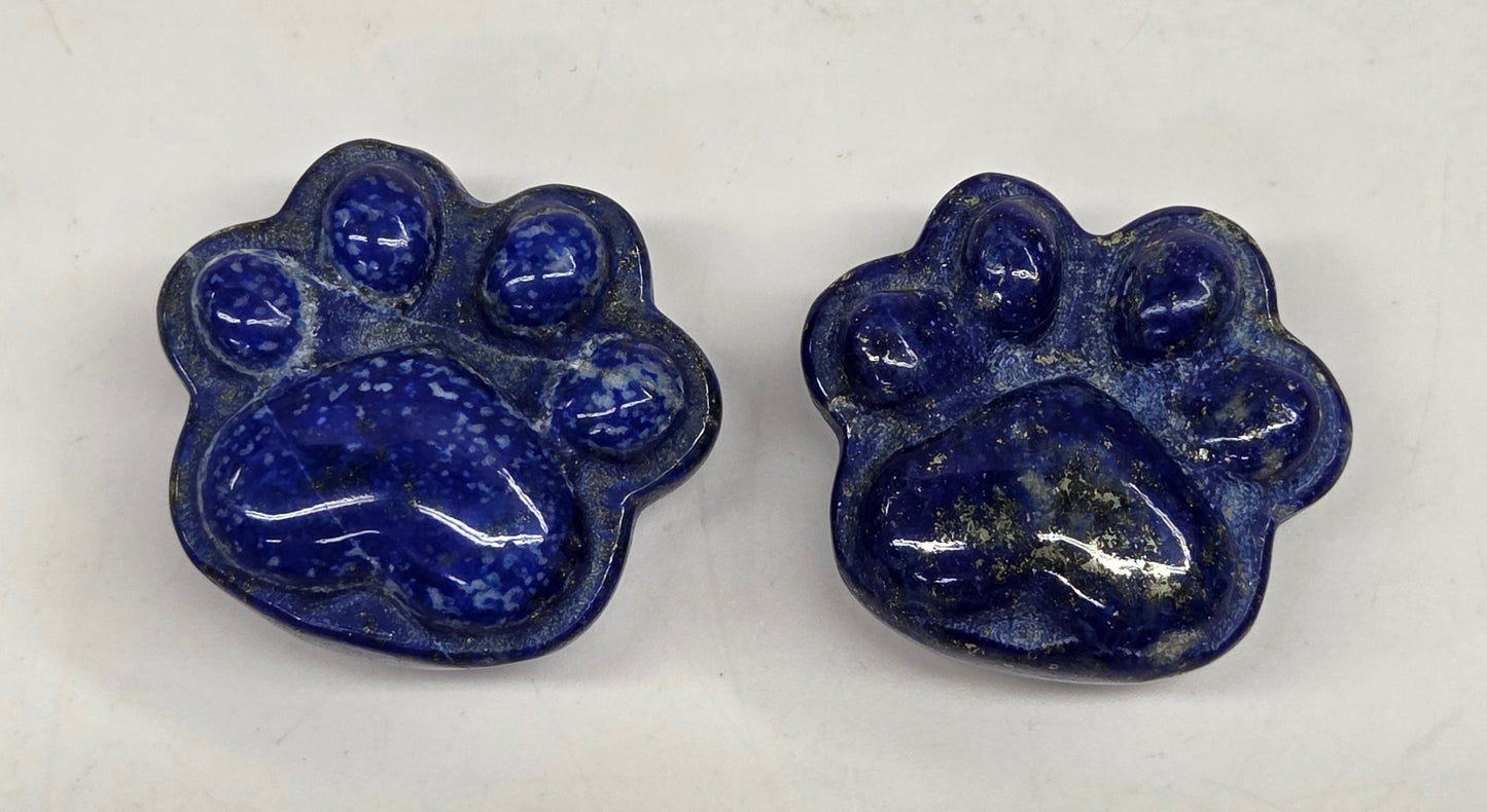 Two blue paw print-shaped objects on a white background