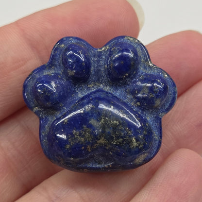 Blue stone with paw print design held in a hand against a white background