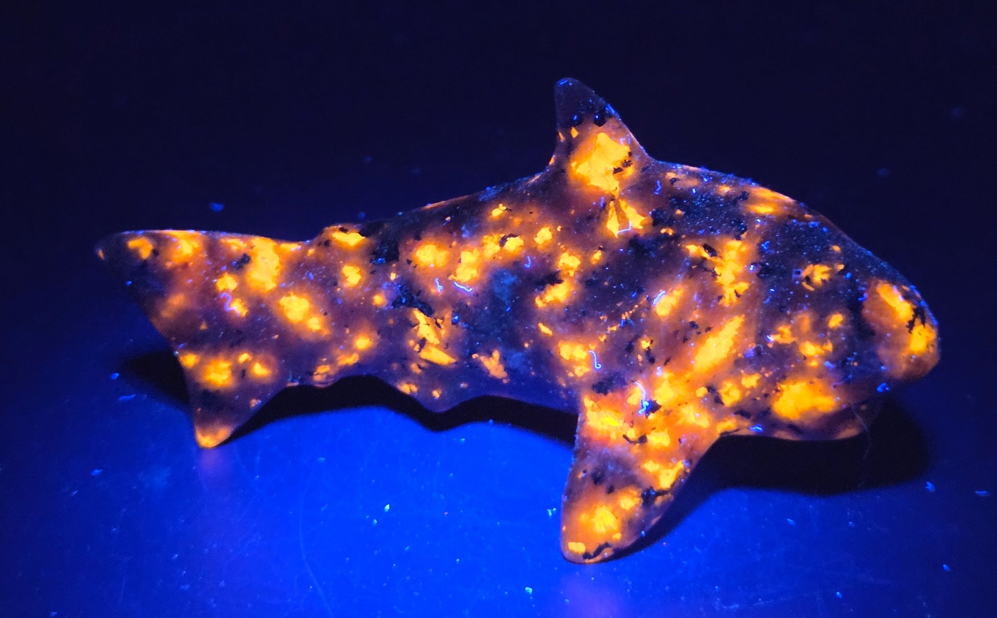 Small shark figurine made of a dark material on a white background under UV lighting