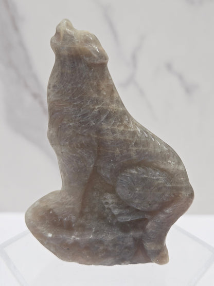 Moonstone carving of a wolf on a white background