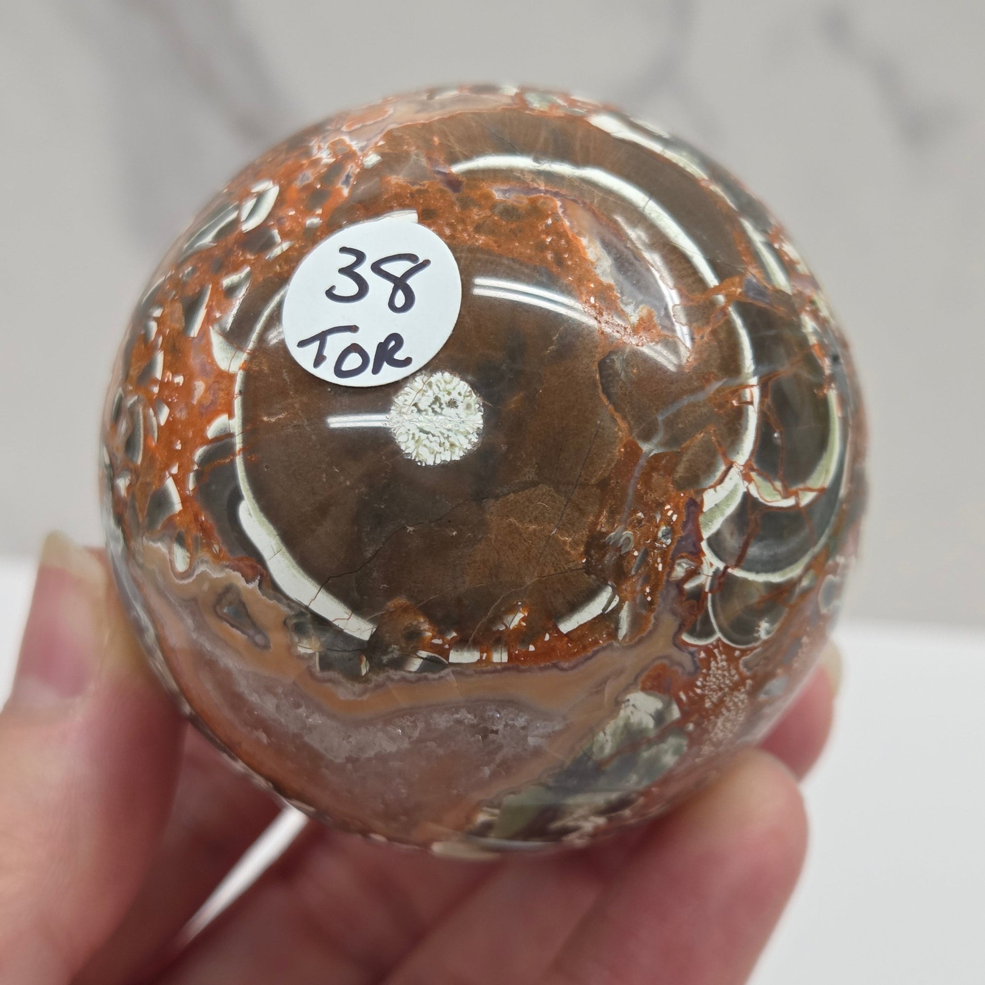 money agate multiple colored sphere held in a hand with a blurred background