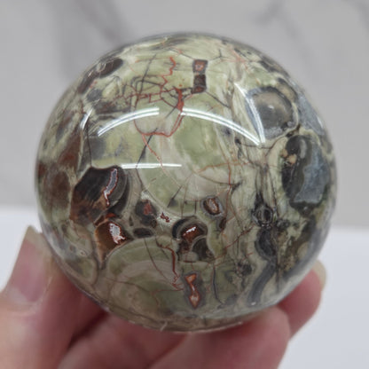 money agate multiple colored sphere held in a hand with a blurred background