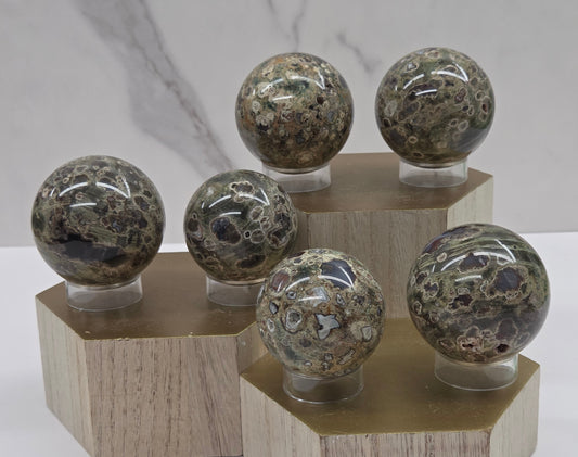 Rainforest Jasper spheres with orbicular designs on a wood stand with a white background
