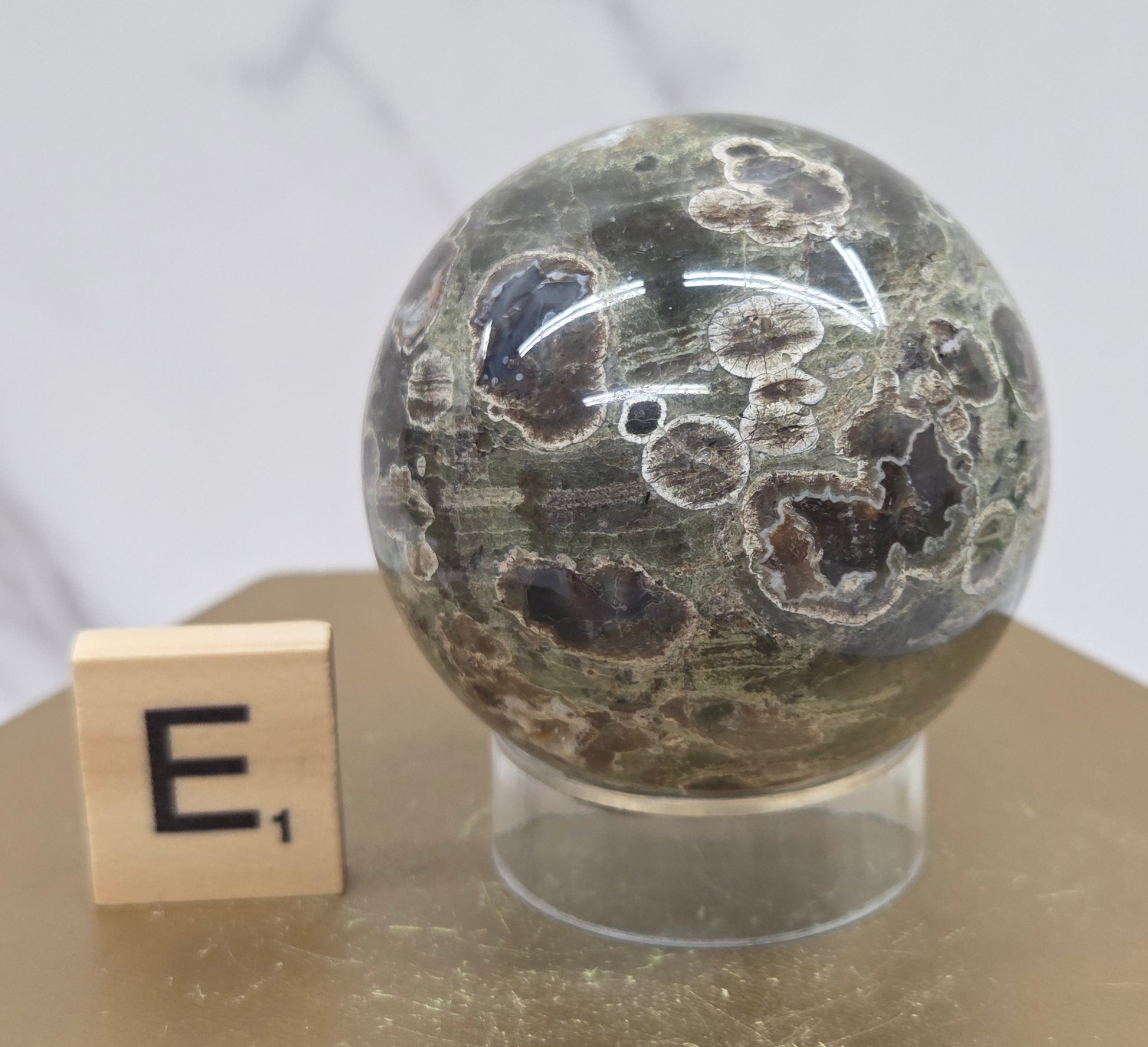 Rainforest Jasper sphere with orbicular designs on a wood stand with a white background
