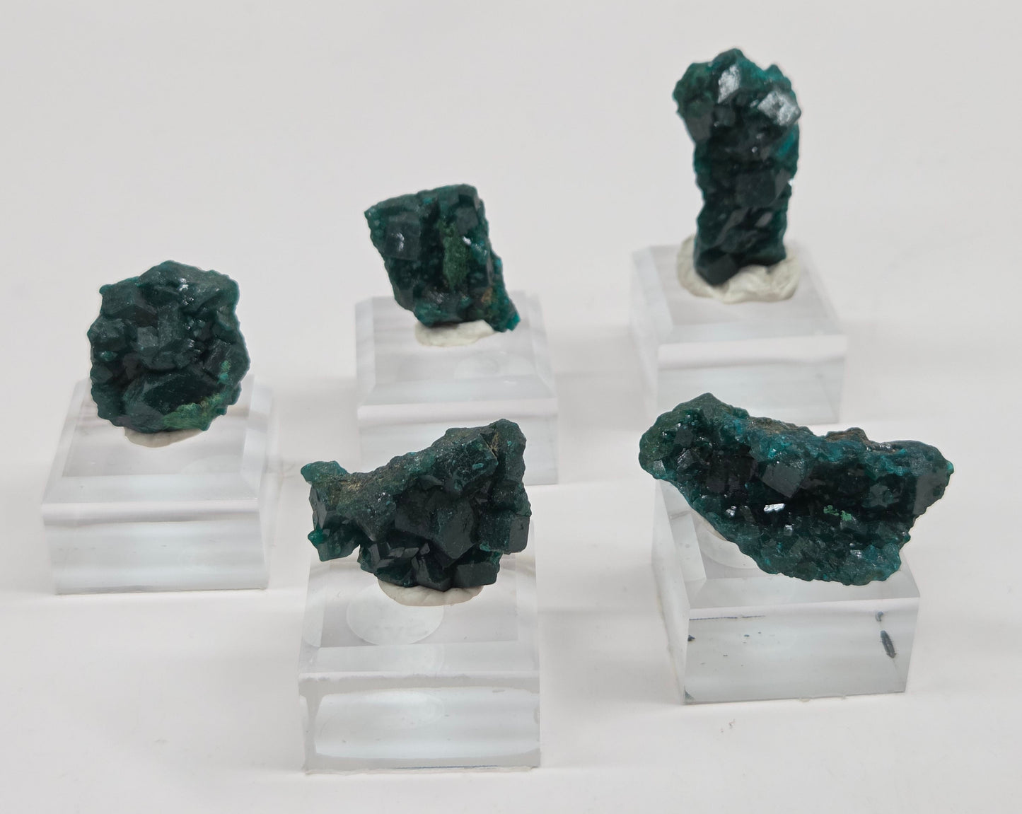 Set of green mineral specimens on clear stands against a white background