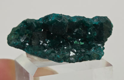 Green dioptase crystal cluster on a white stand against a light gray background