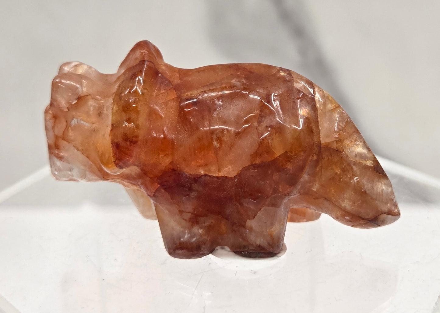 Crystal triceratops figurine on a clear stand with a white background