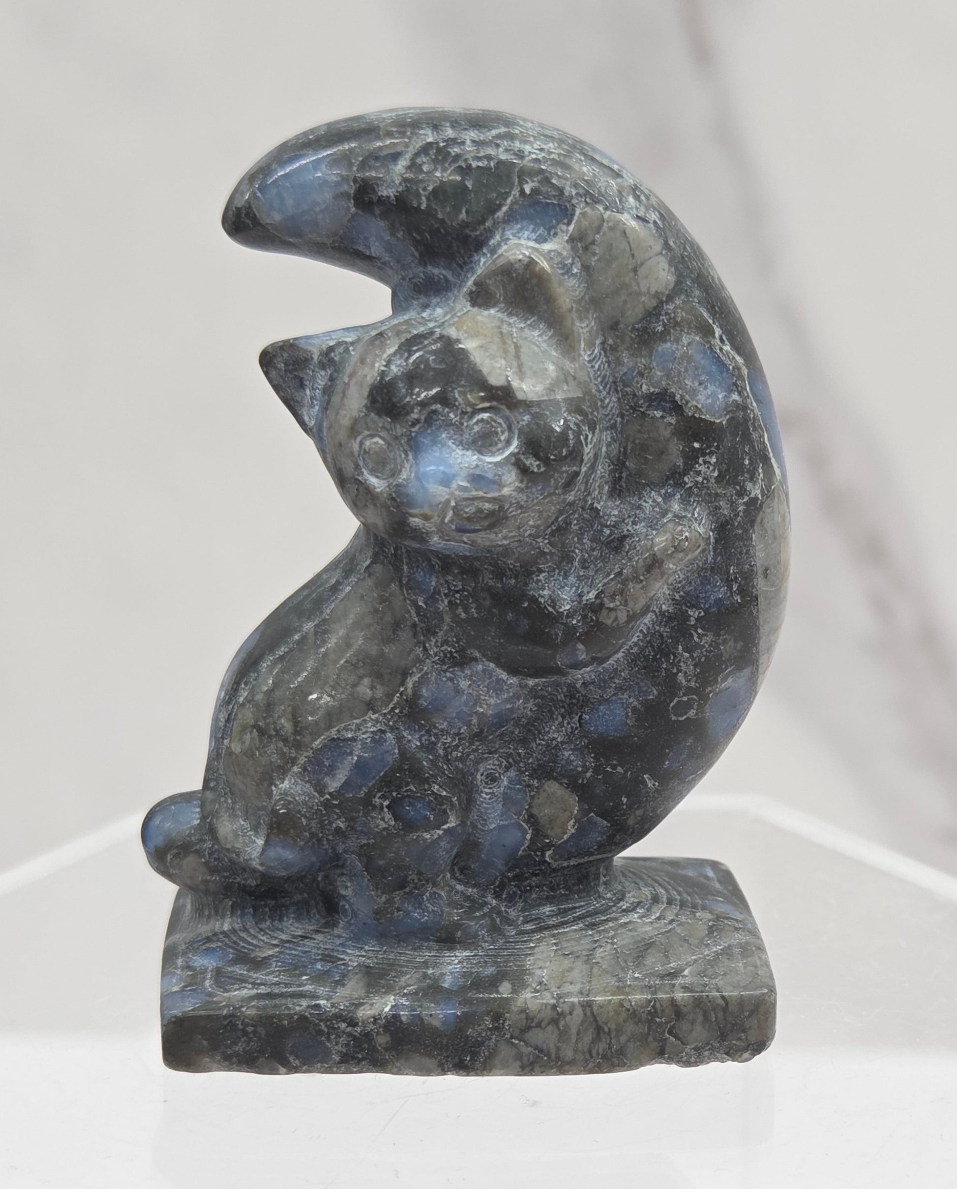 Carved cat sitting on the moon with blue and black coloring on a white background