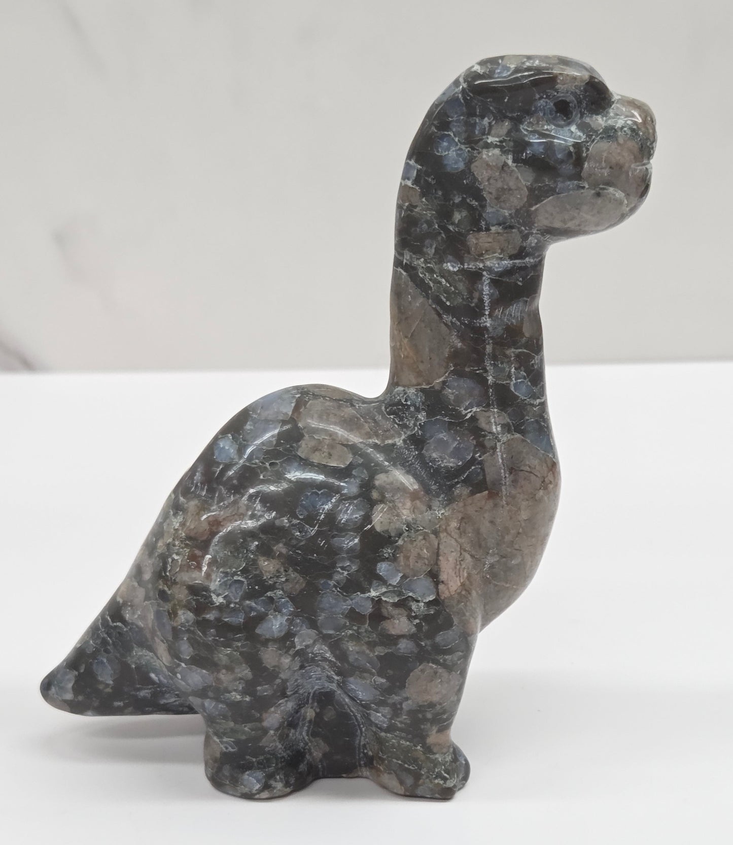 Decorative Que Sera dinosaur carving on a white background