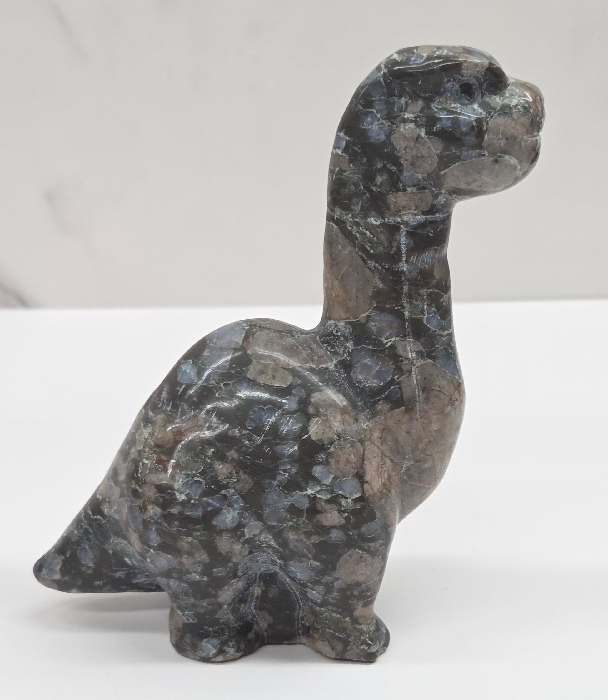 Decorative Que Sera dinosaur carving on a white background