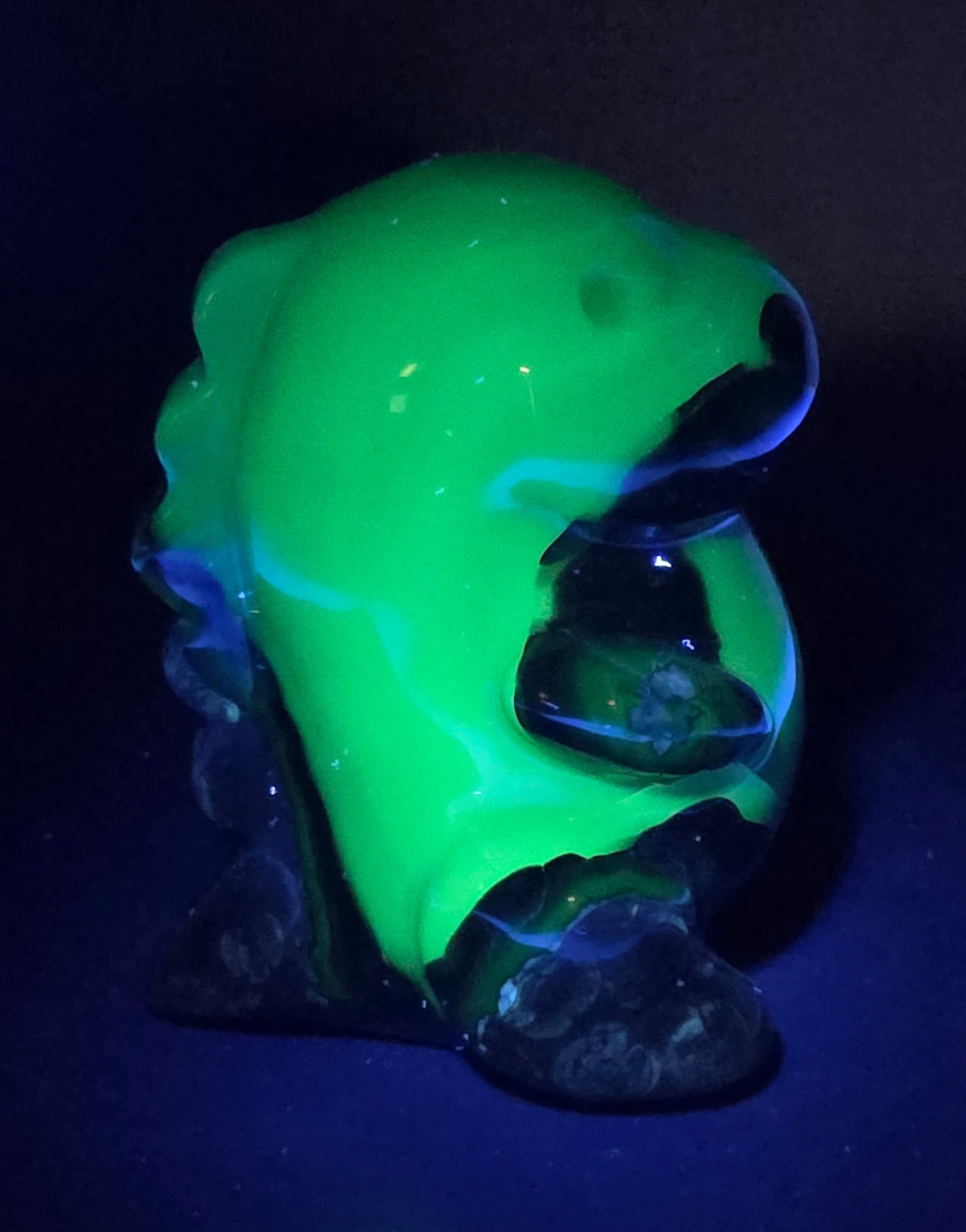 Volcano Agate cute dinosaur like carving under UV light