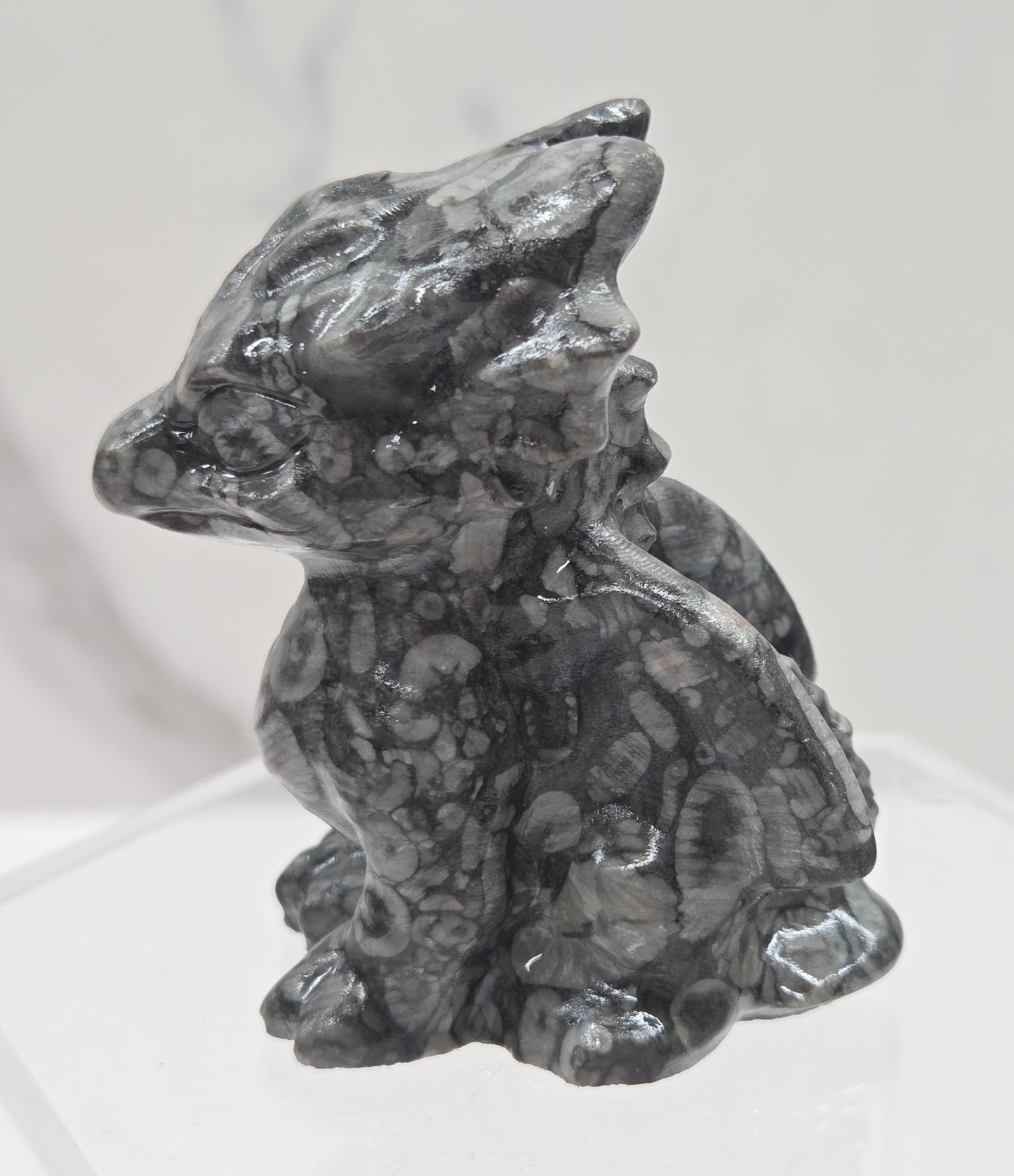 Fossil Shell Jasper crystal dragon carving on a white background