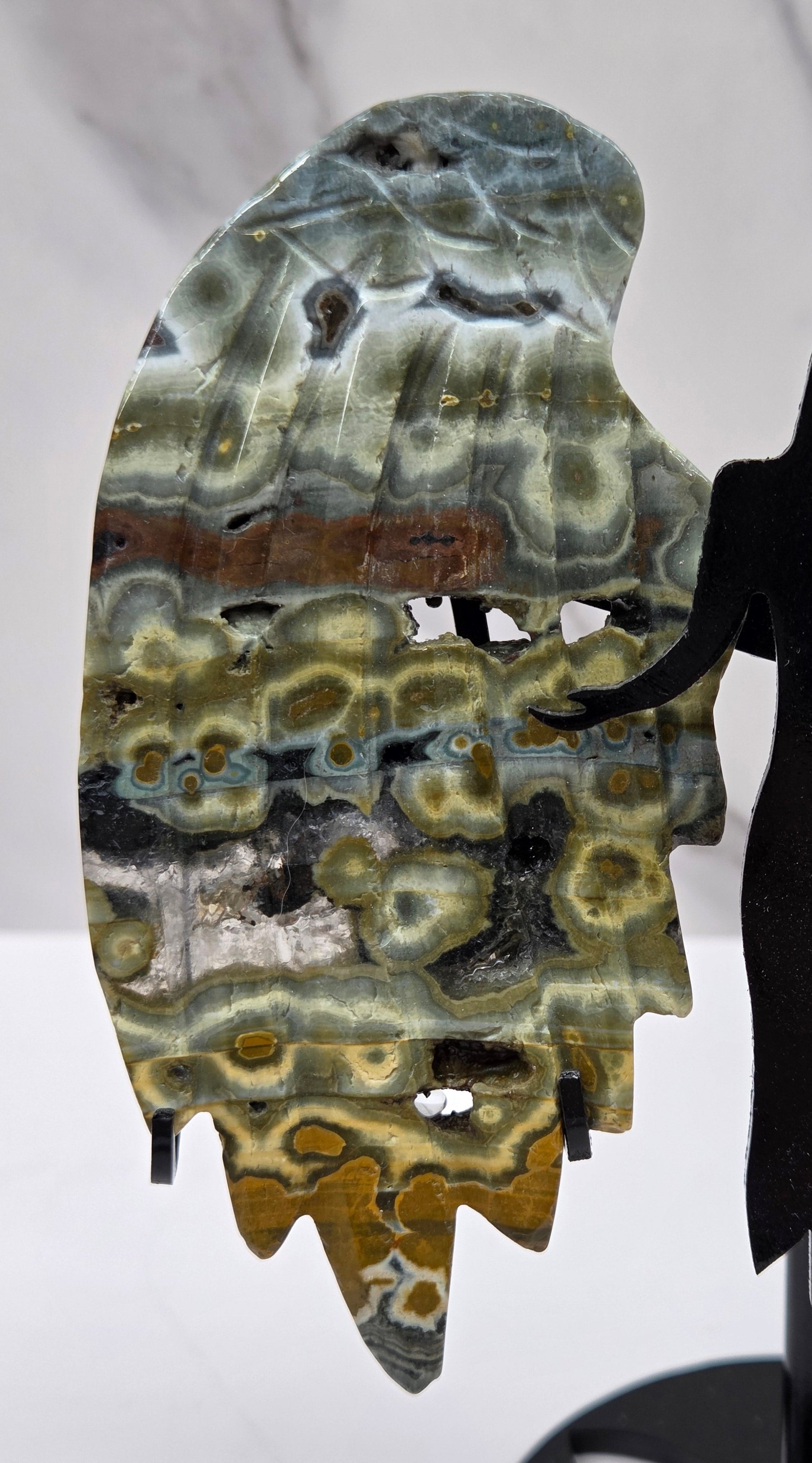 Multi-colored and patterned Jasper angel wings on a black stand against a white background