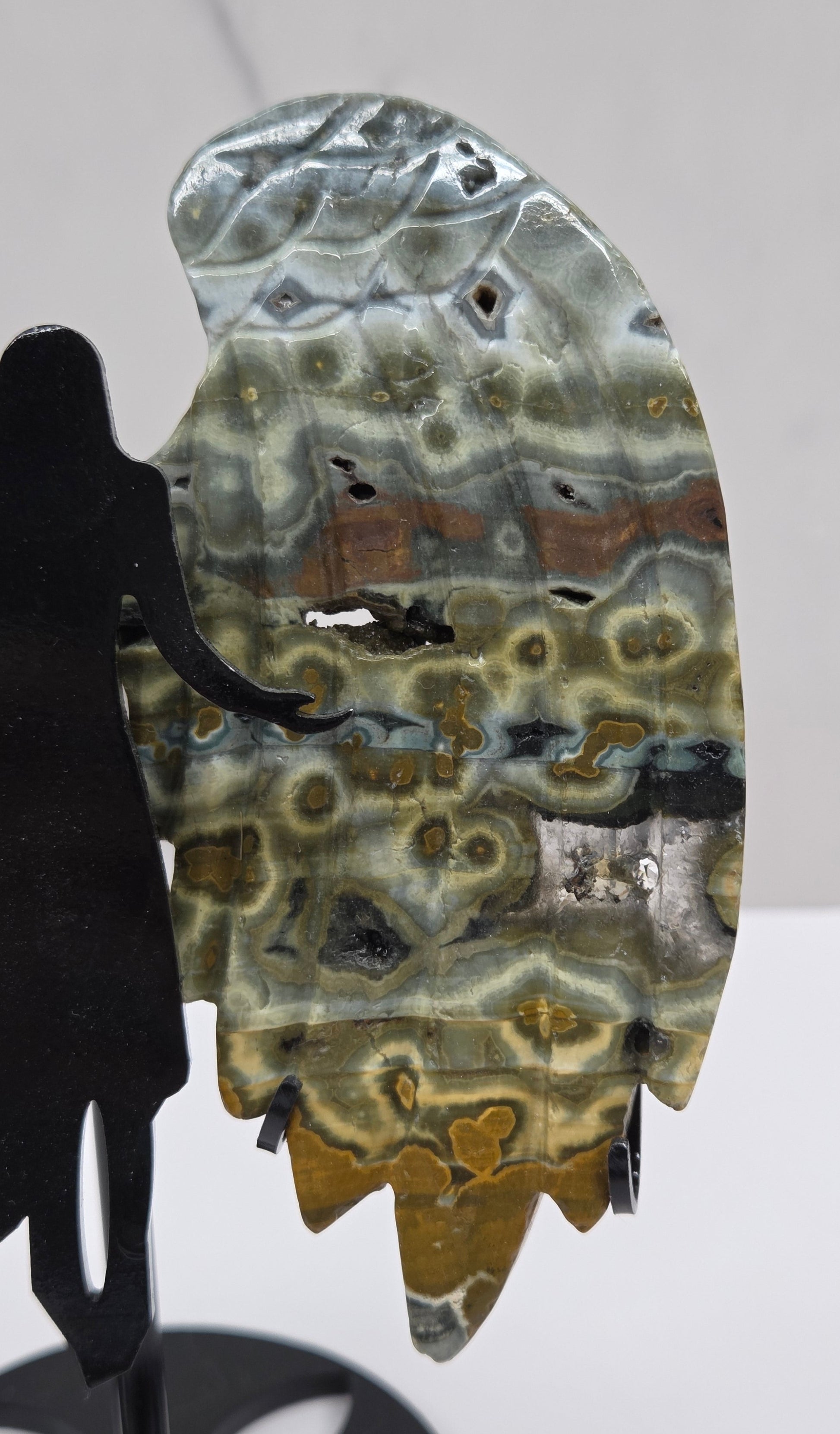 Multi-colored and patterned Jasper angel wings on a black stand against a white background