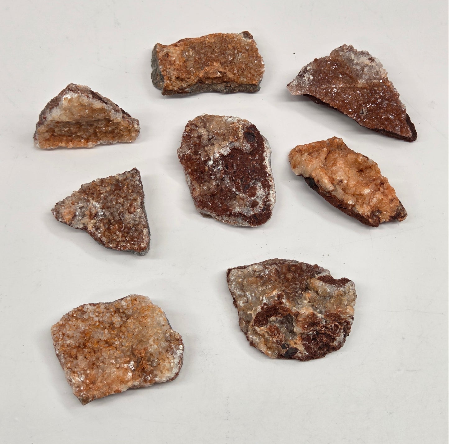 Set of eight brown mineral samples on a light gray background