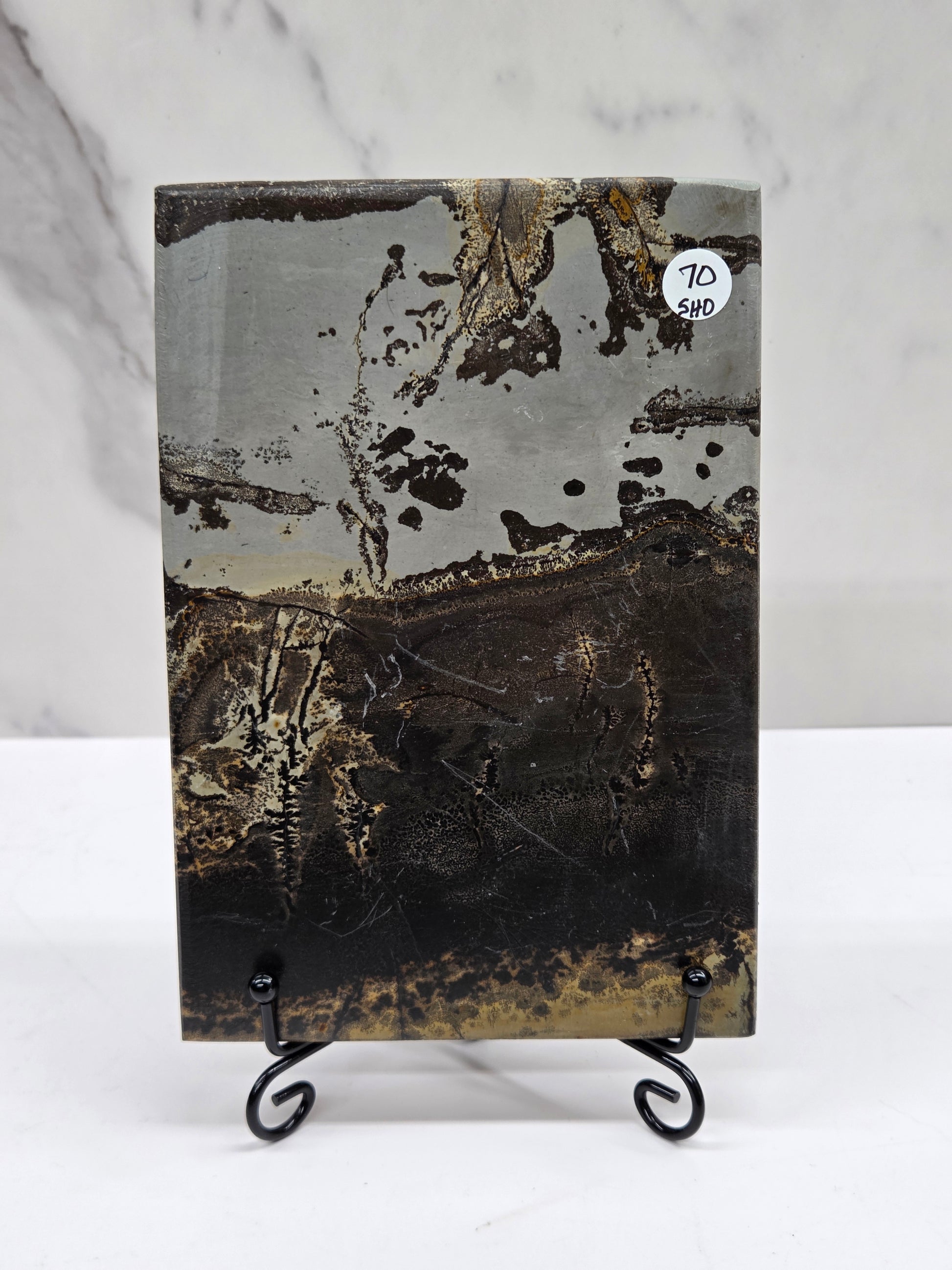 Picture Jasper slab with patterns, on a black stand against a white background