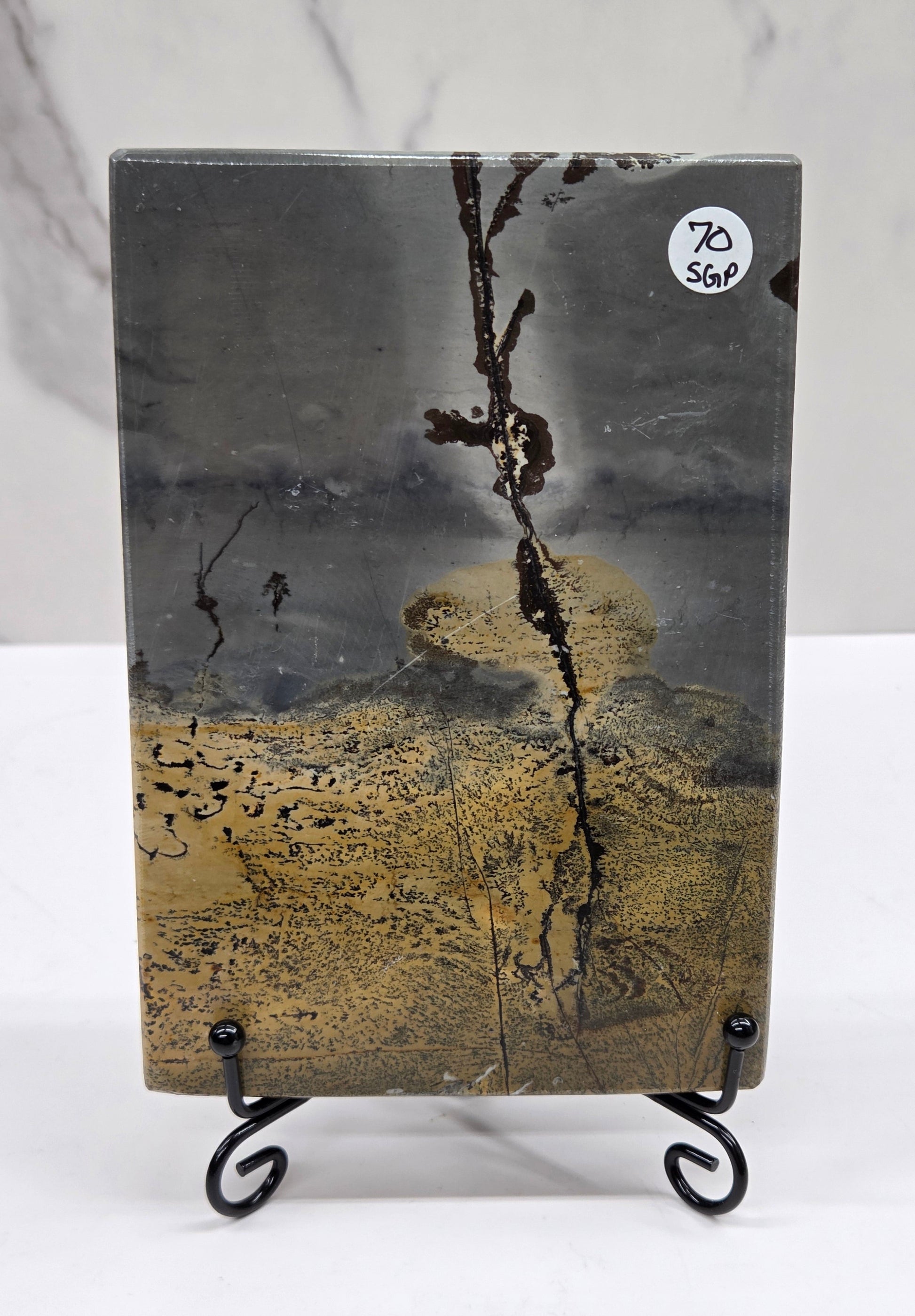 Picture Jasper slab with patterns on a black stand against a white background