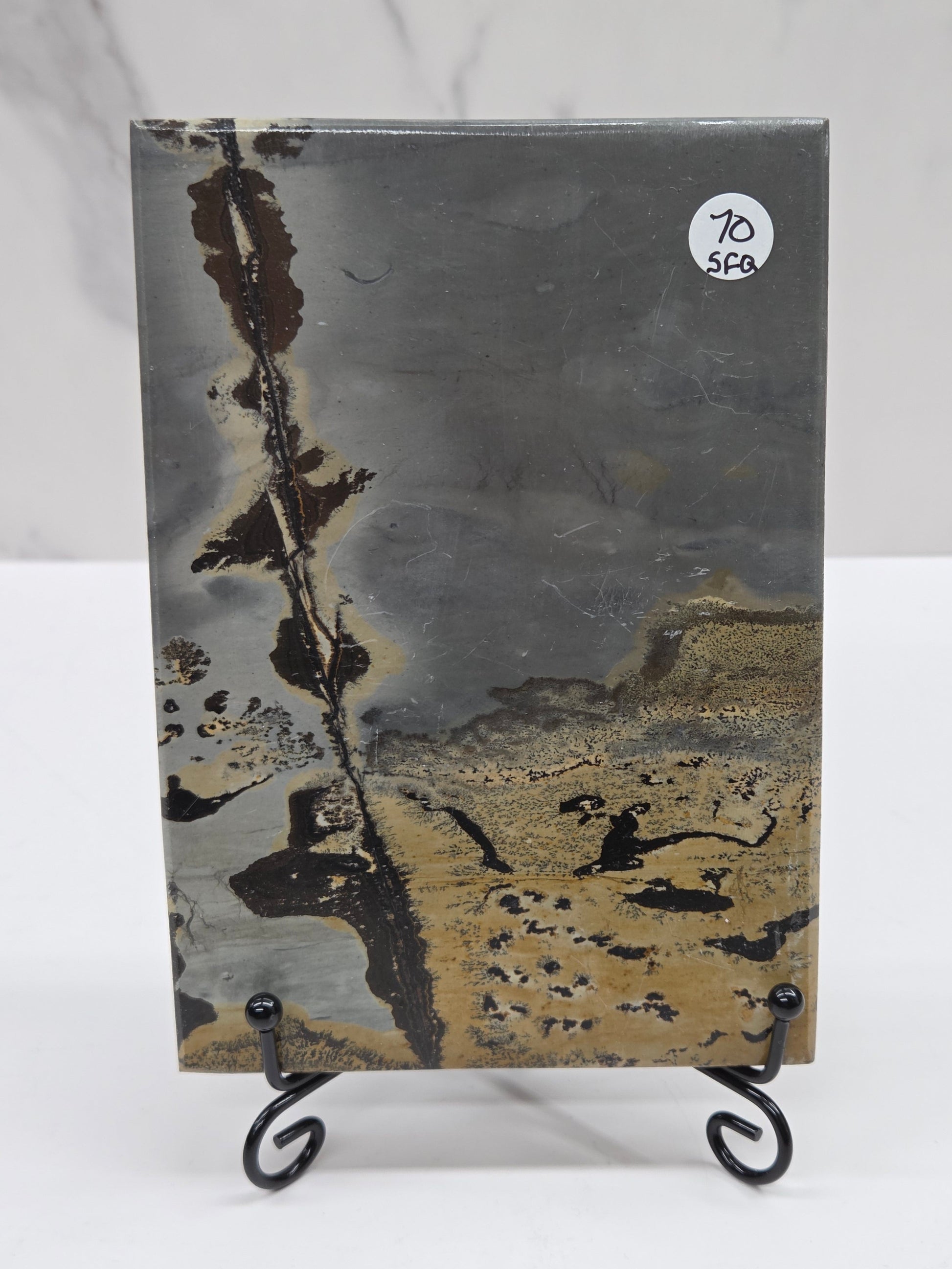 Picture Jasper slab with patterns on a black stand against a white background