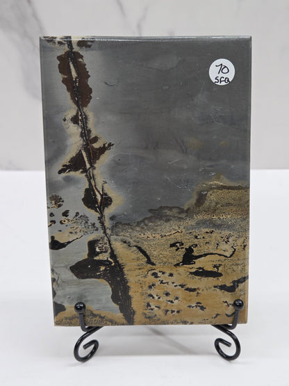 Picture Jasper slab with patterns on a black stand against a white background