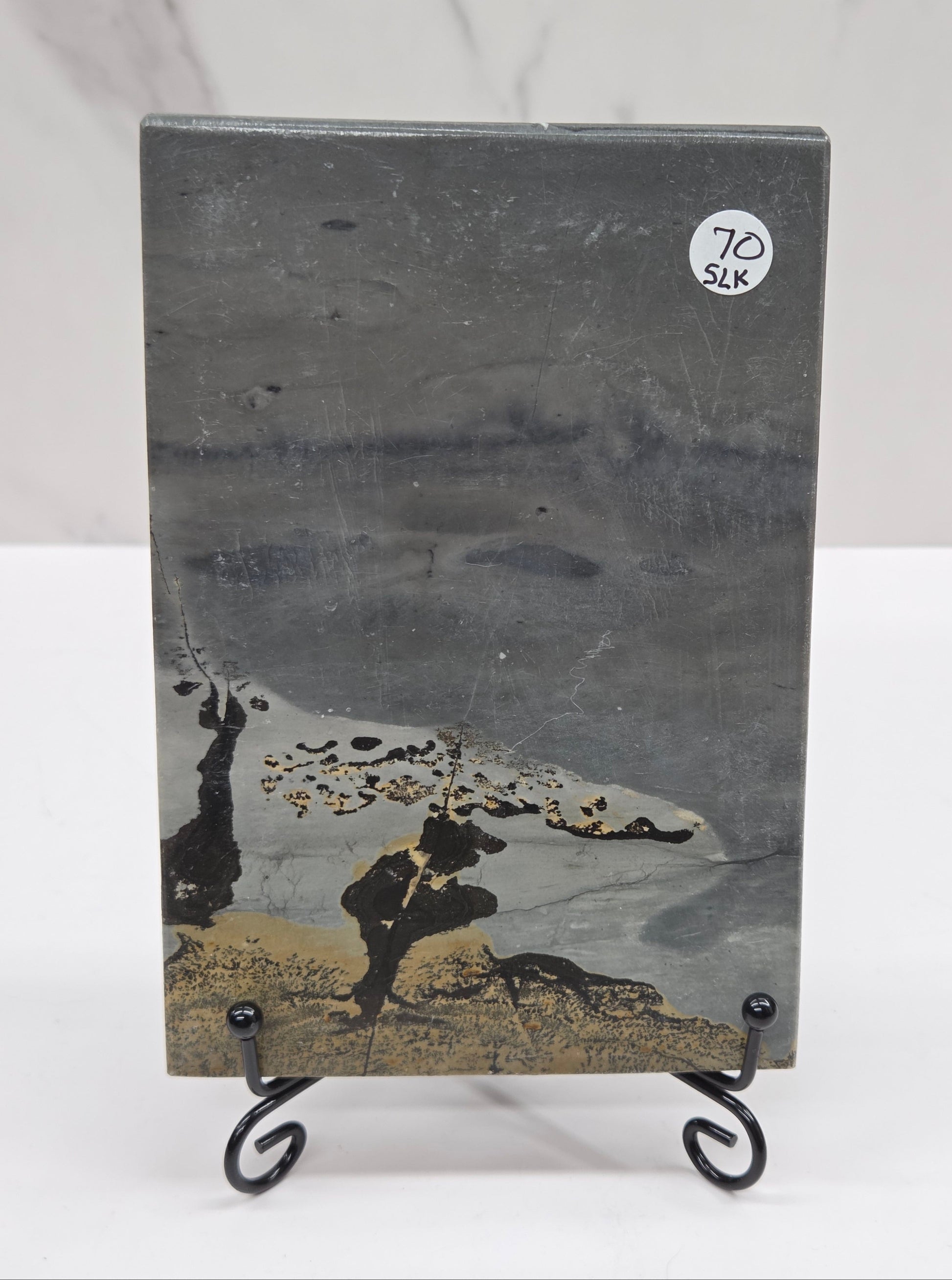 Picture Jasper slab with patterns on a black stand against a white background