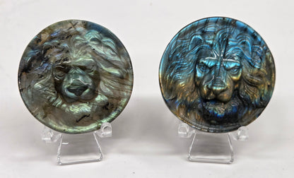 Two labradorite coins with lion heads on stands against a white background