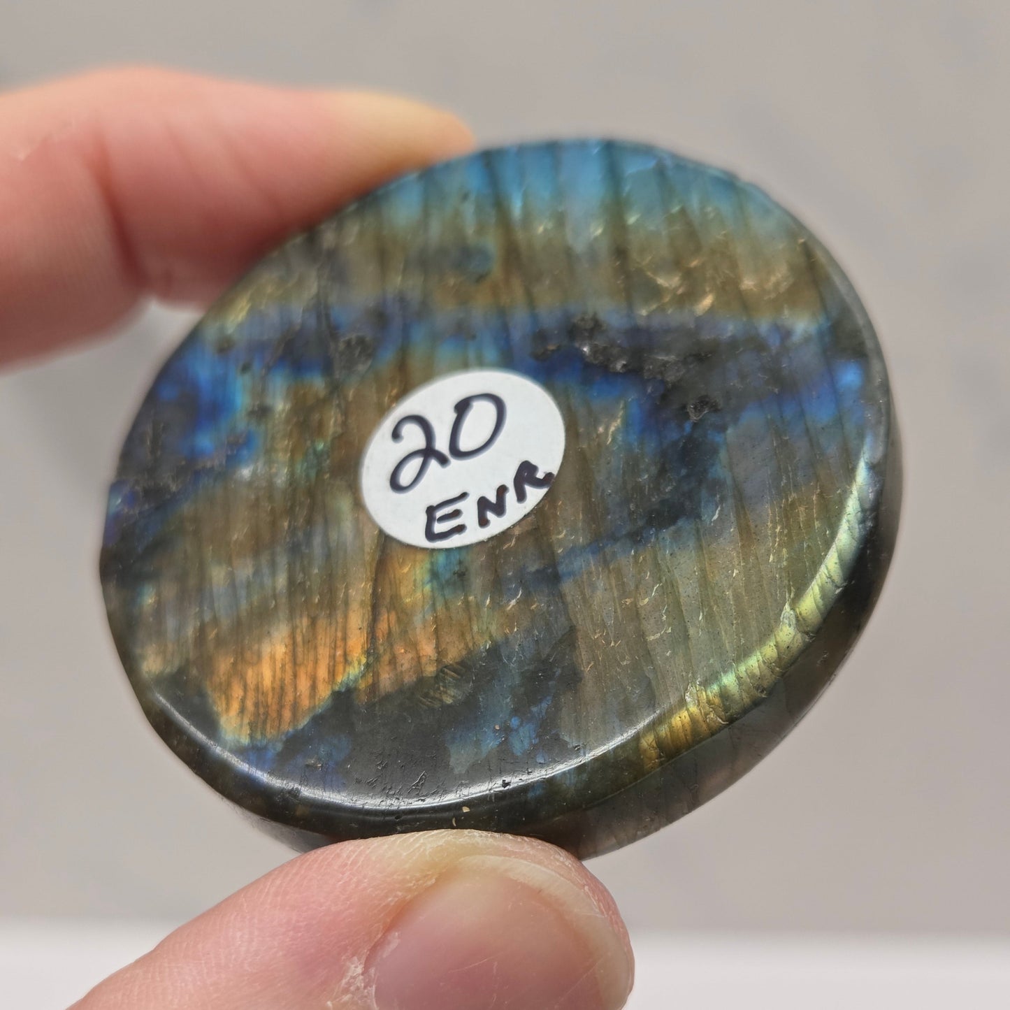 Round labradorite stone with a label held between fingers against a neutral background