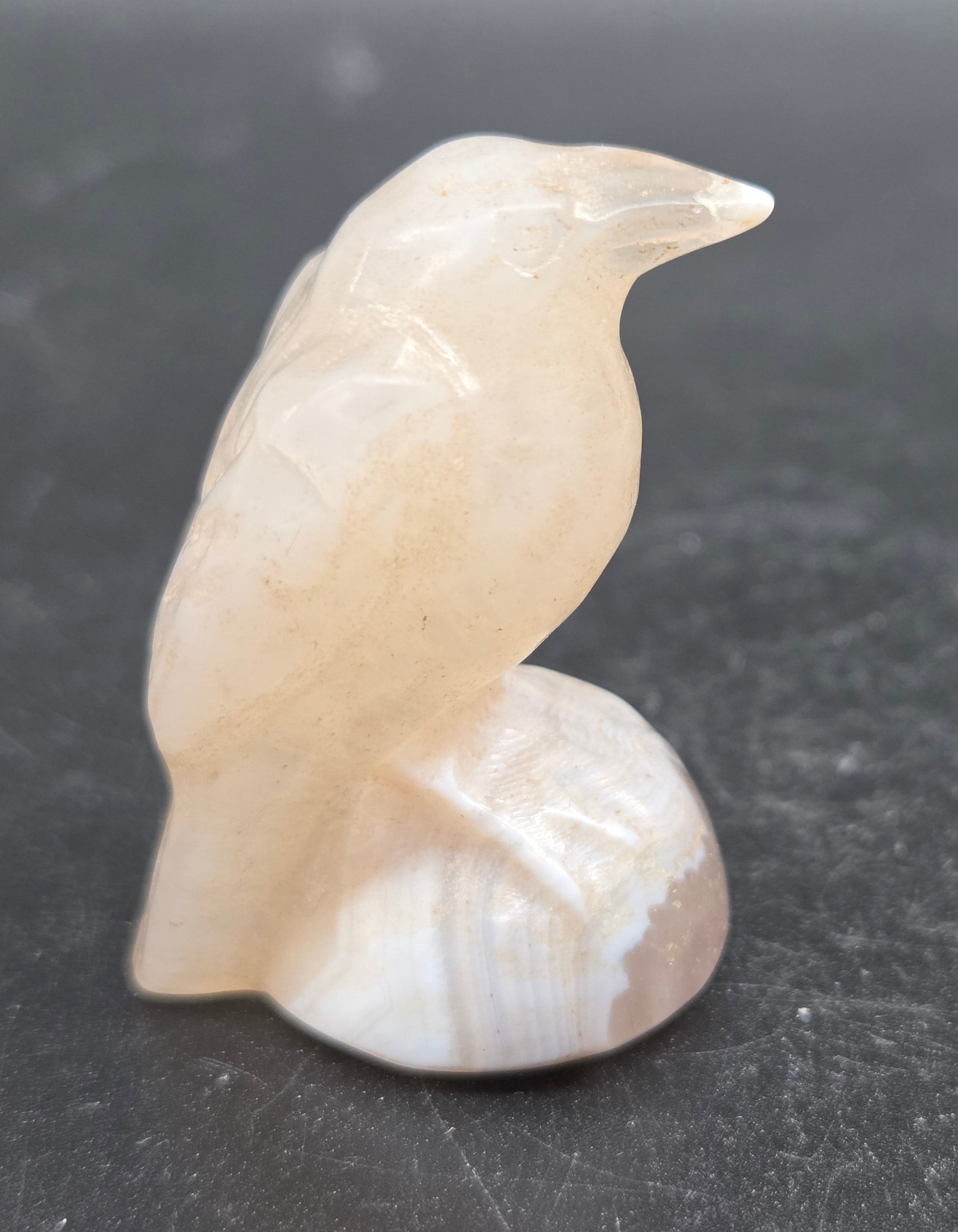 A small carving of a raven made from Moonstone, approximately 1.5 inches tall.