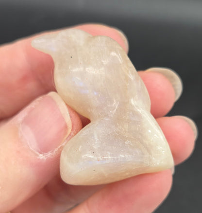 A hand holding a small carving of a raven made from Moonstone, approximately 1.5 inches tall.