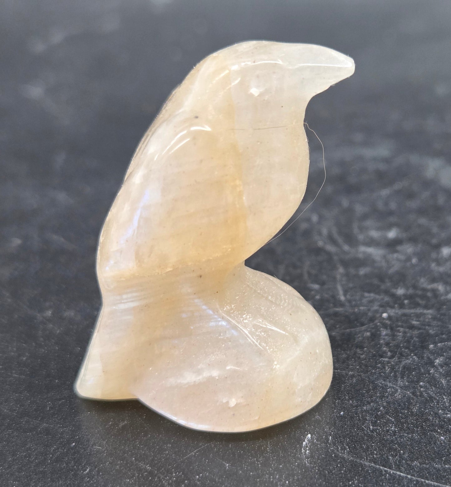 A small carving of a raven made from Moonstone, approximately 1.5 inches tall.