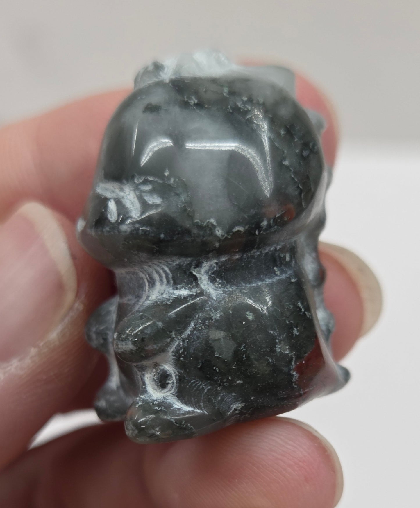 Hand holding an African Bloodstone cute dinosaur carving on a white background