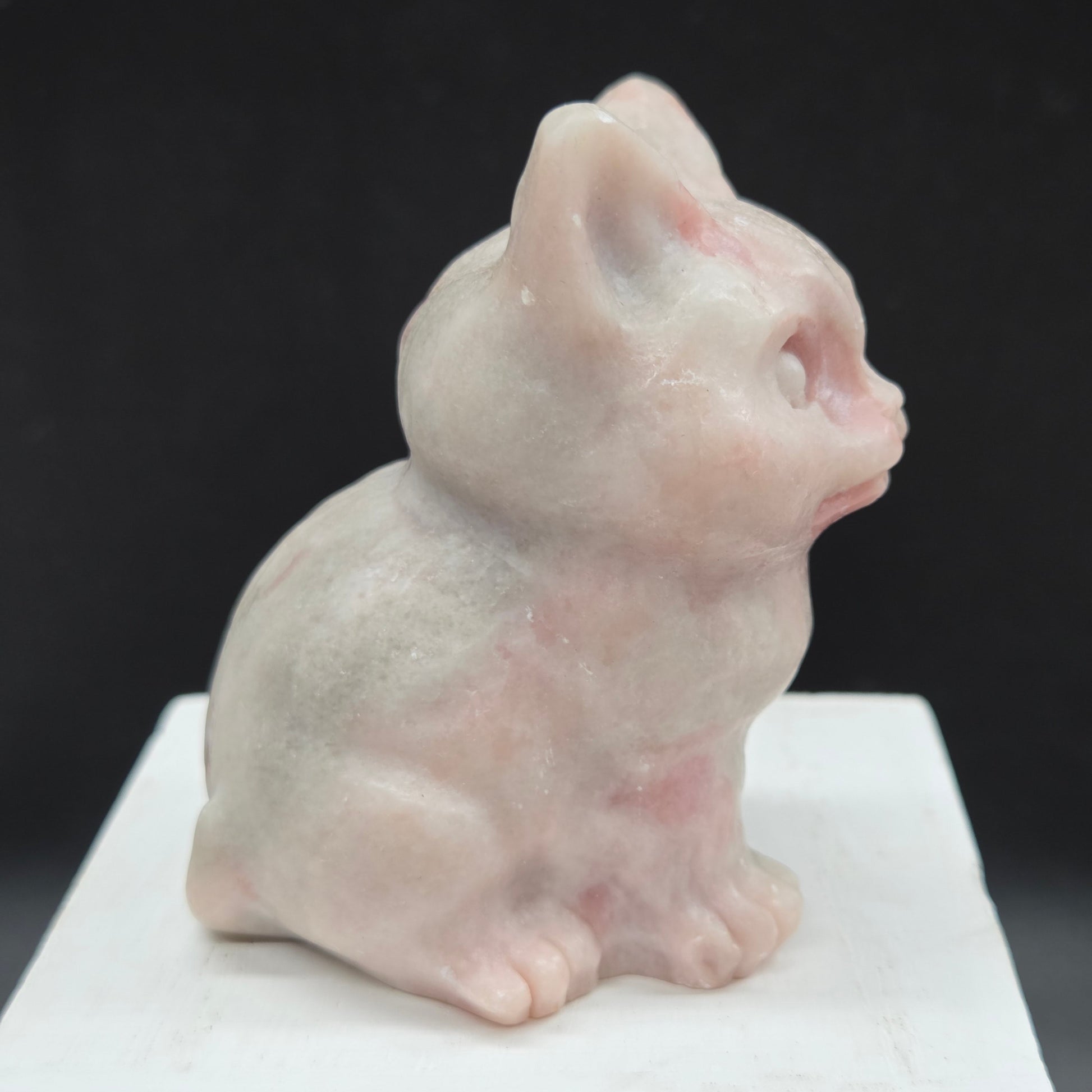 Pink Opal sculpture of a cat on a black background