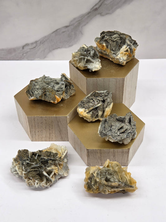 Mineral sample set on a wooden stand with a white background