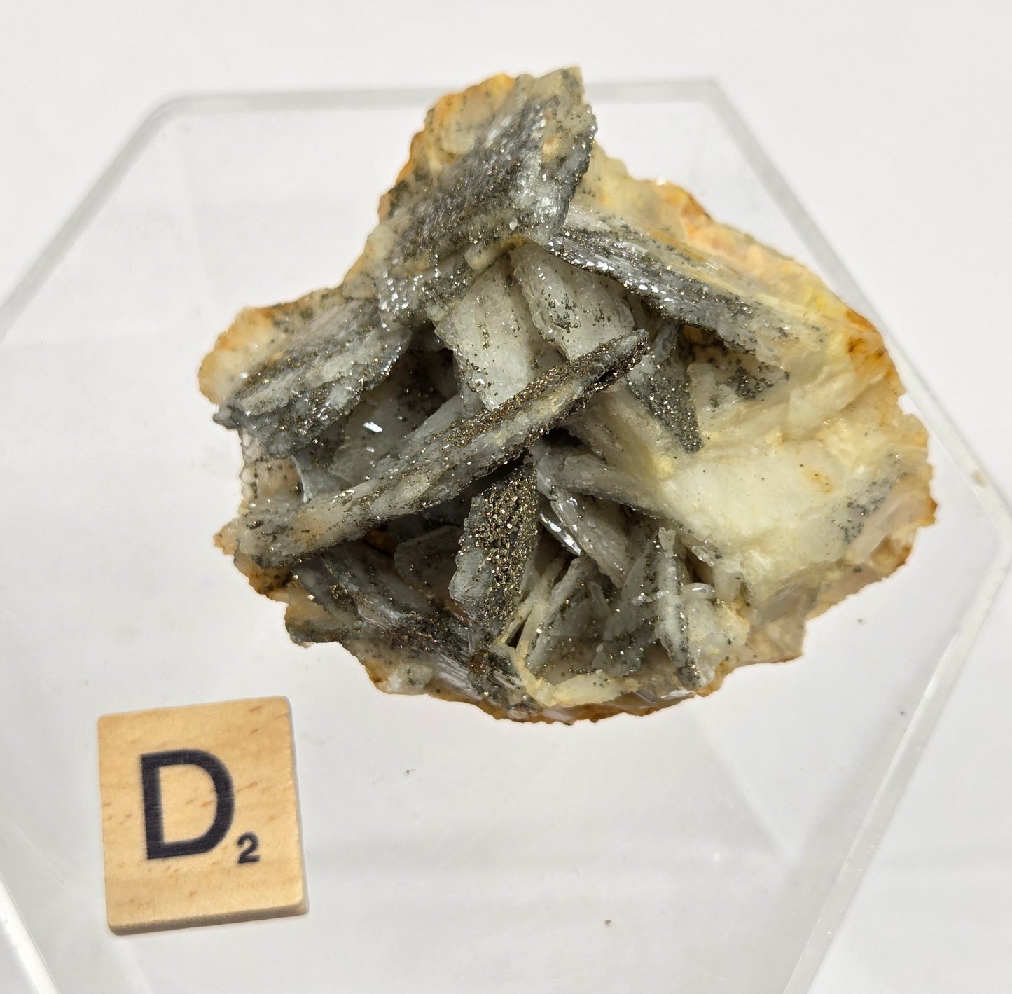 Mineral sample on a hexagonal clear stand with a wooden letter 'D' block