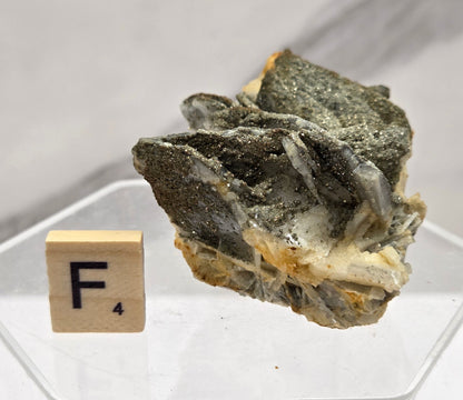 Mineral sample on a clear stand with a letter 'F' block against a light background